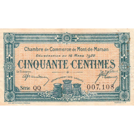 Mont-de-Marsan - Pirot 82-38 - 50 centimes - Série QQ - 16/03/1922 - Etat : TB+