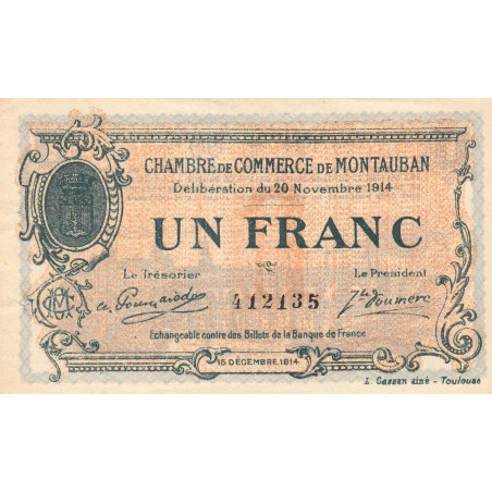 Montauban - Pirot 83-6 variété- 1 franc - 1914 - Etat : SUP+