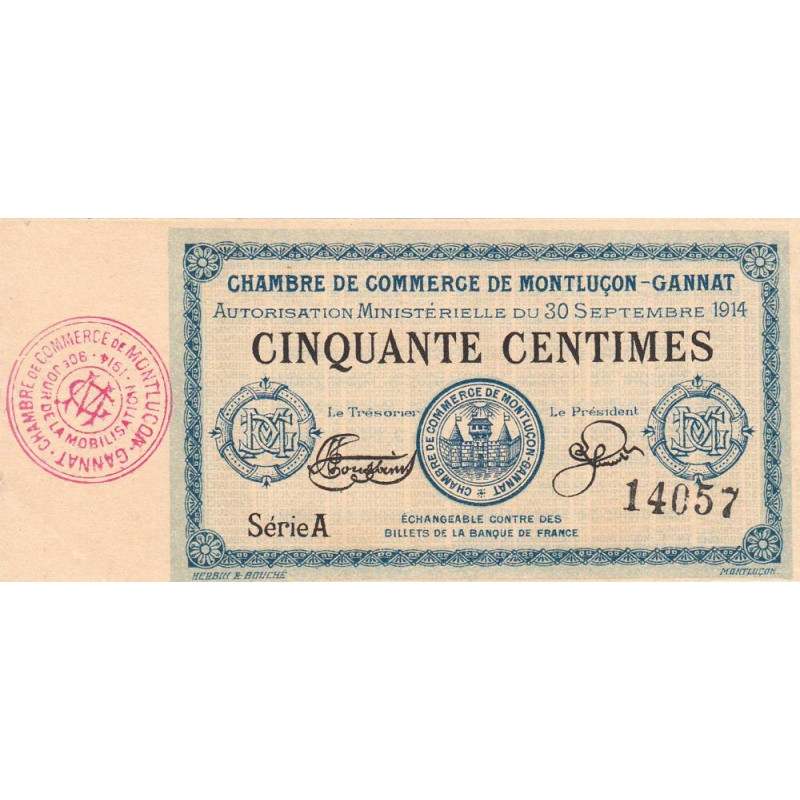 Montluçon-Gannat - Pirot 84-1 - 50 centimes - Série A - 1914 - Etat : SUP+