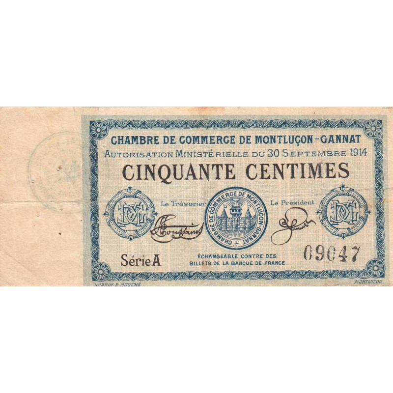 Montluçon-Gannat - Pirot 84-4 - 50 centimes - Série A - 1914 - Etat : TB