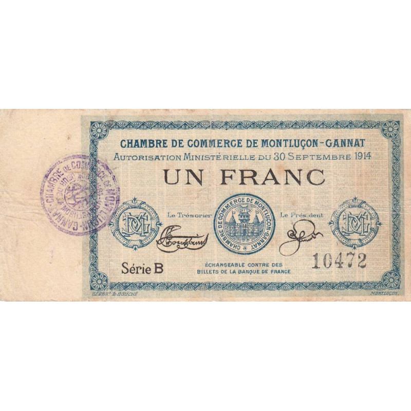 Montluçon-Gannat - Pirot 84-8 - 1 franc - Série B - 1914 - Etat : TB-