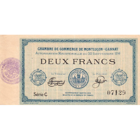 Montluçon-Gannat - Pirot 84-9 - 2 francs - Série C - 1914 - Etat : TTB+ à SUP