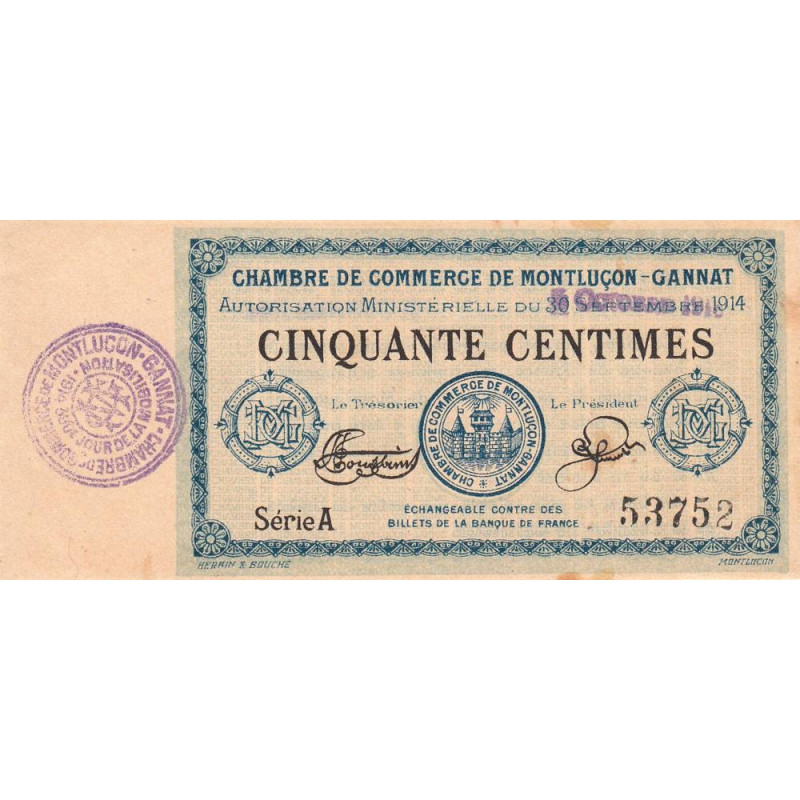Montluçon-Gannat - Pirot 84-10 - 50 centimes - Série A - 1914 - Etat : SUP