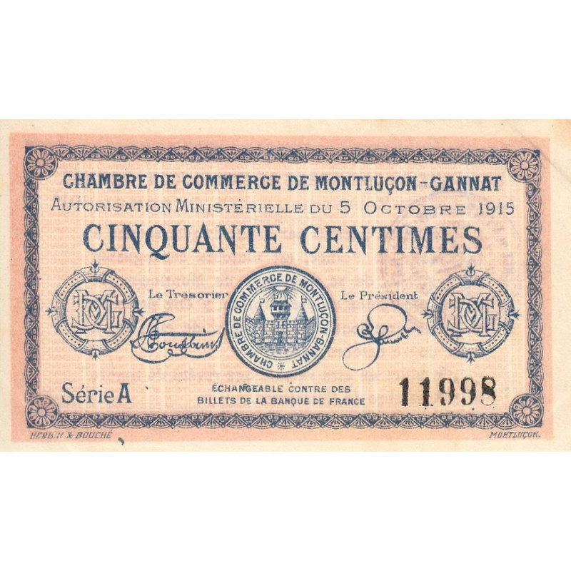 Montluçon-Gannat - Pirot 84-13 - 50 centimes - Série A - 1915 - Etat : SUP