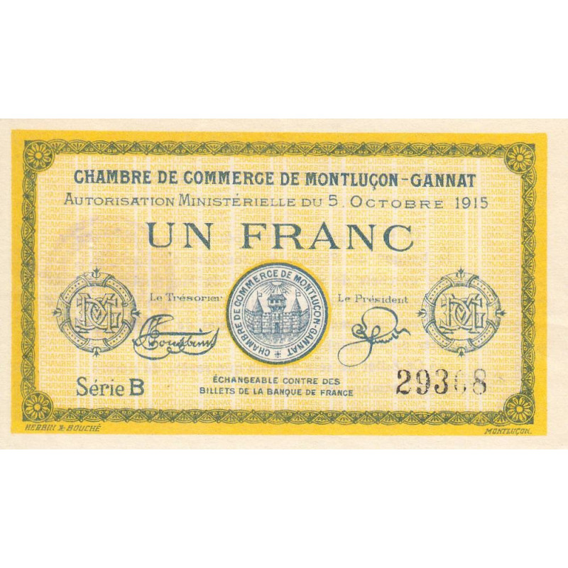 Montluçon-Gannat - Pirot 84-15b - 1 franc - Série B - 1915 - Etat : TTB+