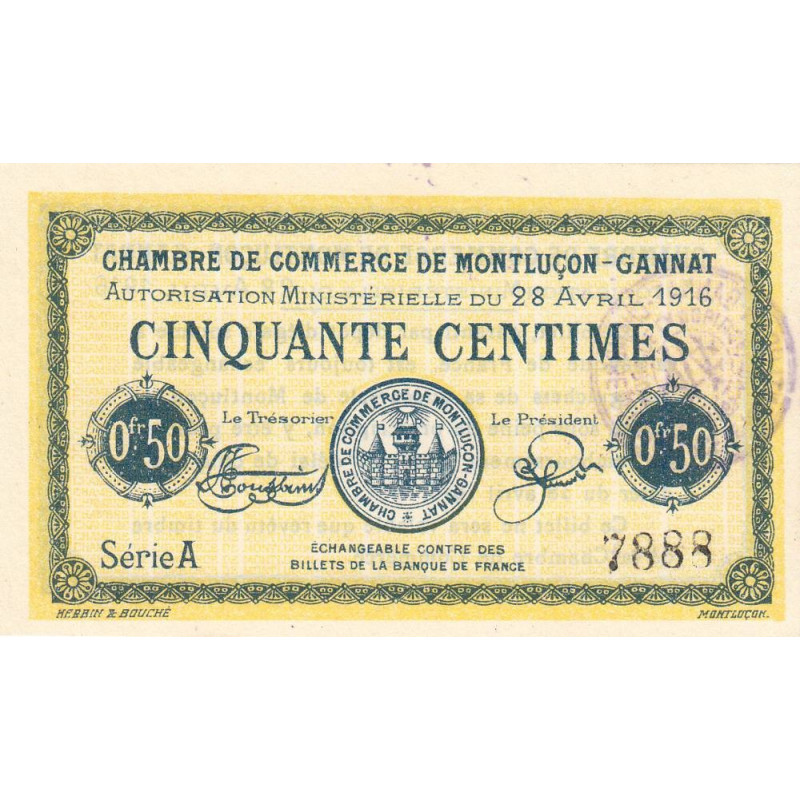 Montluçon-Gannat - Pirot 84-21 - 50 centimes - Série A - 1916 - Etat : NEUF