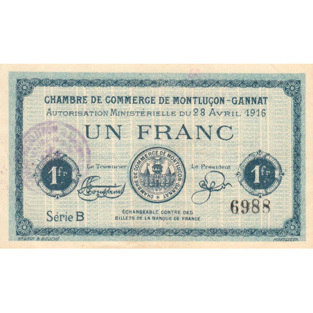 Montluçon-Gannat - Pirot 84-23 - 1 franc - Série B - 1916 - Etat : SUP