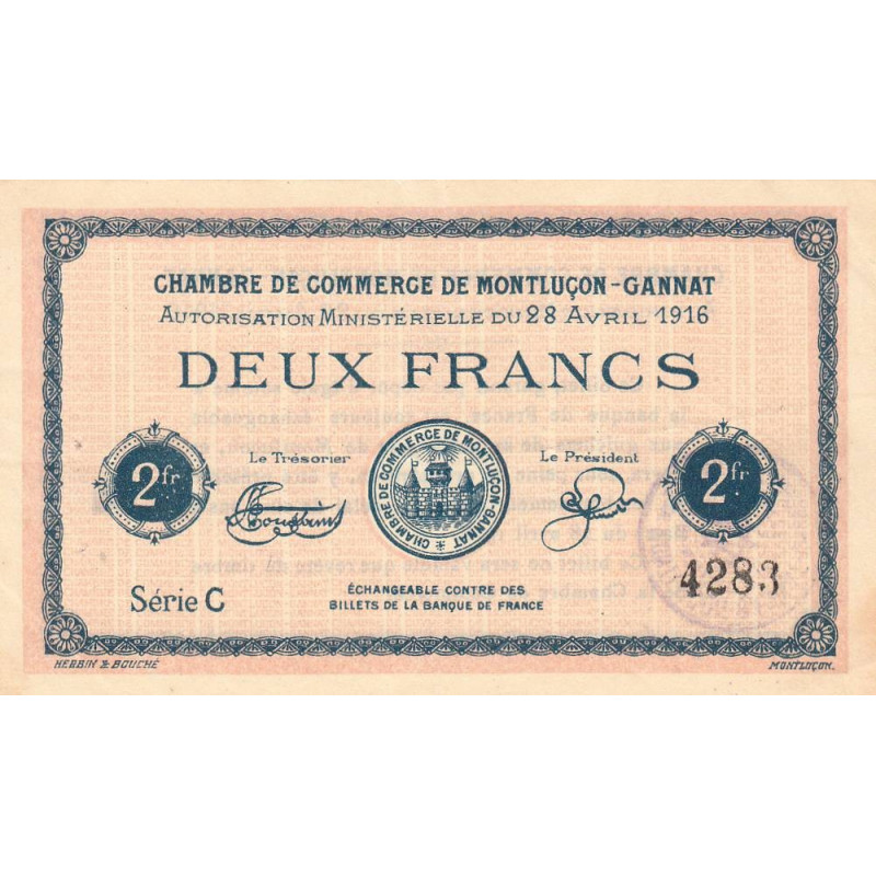 Montluçon-Gannat - Pirot 84-26a - 2 francs - Série C - 1916 - Etat : SUP