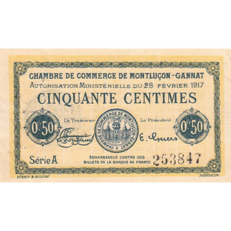 Montluçon-Gannat - Pirot 84-28b_1 - 50 centimes - Série A - 1917 - Etat : SUP