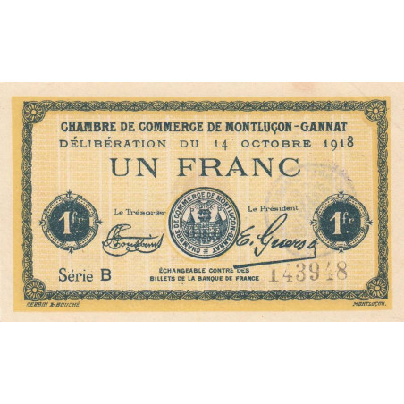 Montluçon-Gannat - Pirot 84-42 - 1 franc - Série B - 1918 - Etat : SUP+