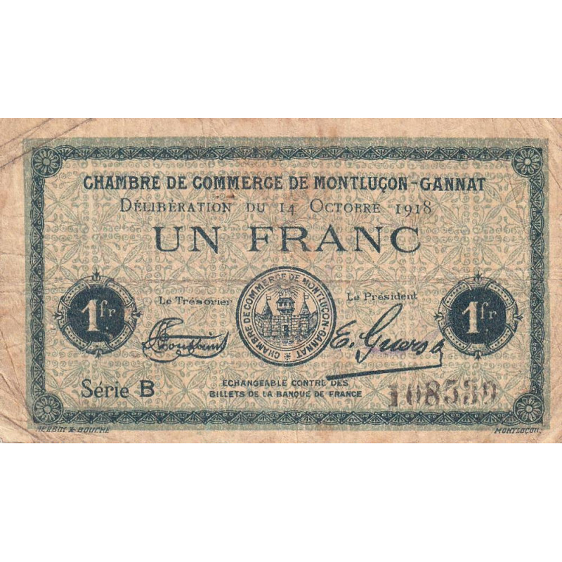 Montluçon-Gannat - Pirot 84-48b - 1 franc - Série B - 1918 - Etat : B+