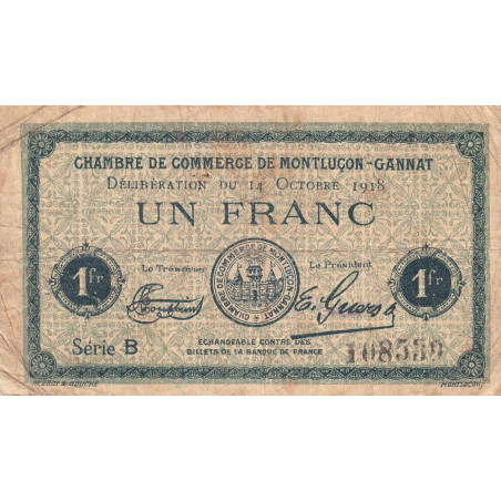 Montluçon-Gannat - Pirot 84-48b - 1 franc - Série B - 1918 - Etat : B+