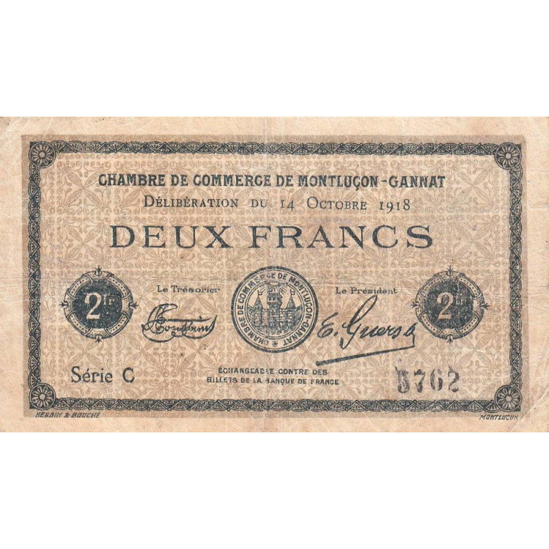 Montluçon-Gannat - Pirot 84-49 - 2 francs - Série C - 1918 - Etat : TB-
