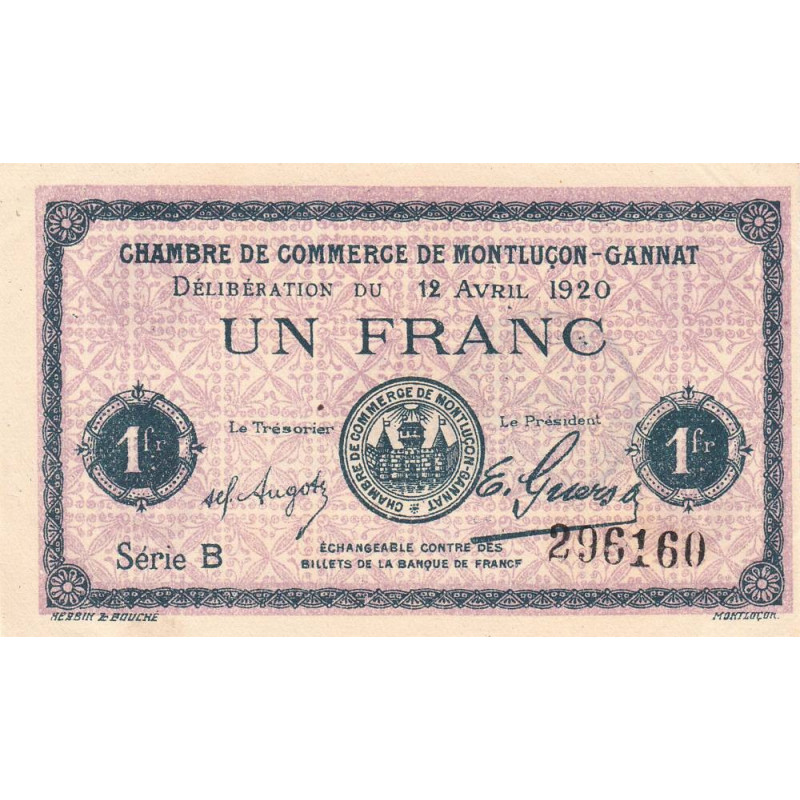 Montluçon-Gannat - Pirot 84-52 - 1 franc - Série B - 1920 - Etat : SUP+