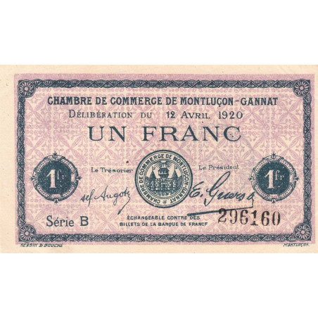 Montluçon-Gannat - Pirot 84-52 - 1 franc - Série B - 1920 - Etat : SUP+