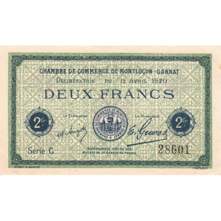 Montluçon-Gannat - Pirot 84-54a - 2 francs - Série C - 1920 - Etat : SUP+