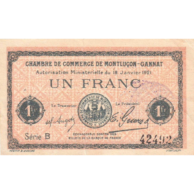 Montluçon-Gannat - Pirot 84-58a - 1 franc - Série B - 1921 - Etat : TB+