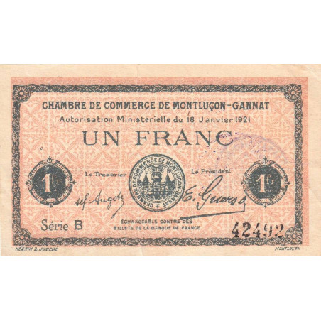 Montluçon-Gannat - Pirot 84-58a - 1 franc - Série B - 1921 - Etat : TB+