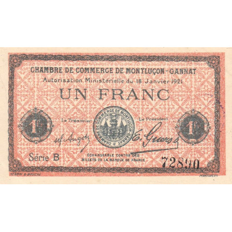 Montluçon-Gannat - Pirot 84-58a - 1 franc - Série B - 1921 - Etat : SPL