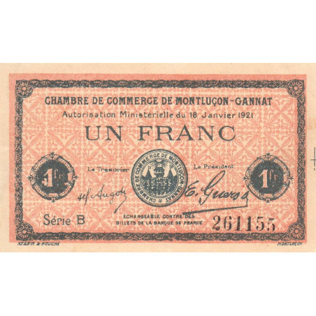 Montluçon-Gannat - Pirot 84-58b - 1 franc - Série B - 1921 - Etat : TTB+ à SUP