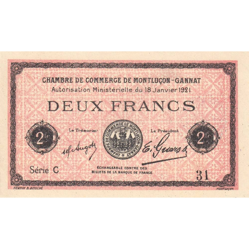 Montluçon-Gannat - Pirot 84-59 - 2 francs - Série C - 1921 - Petit numéro - Etat : SPL+