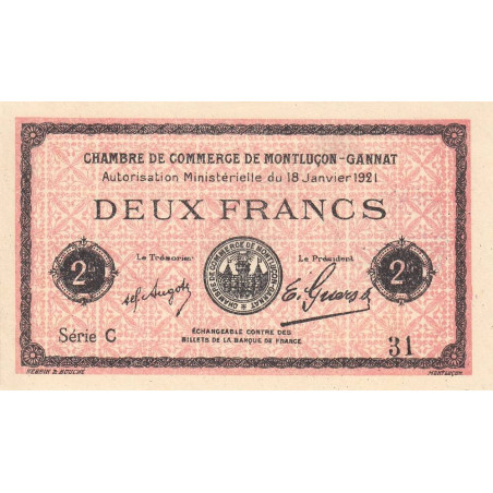 Montluçon-Gannat - Pirot 84-59 - 2 francs - Série C - 1921 - Petit numéro - Etat : SPL+