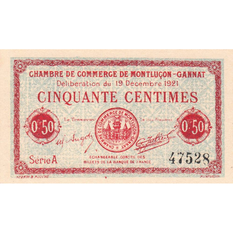 Montluçon-Gannat - Pirot 84-61 - 50 centimes - Série A - 1921 - Etat : NEUF