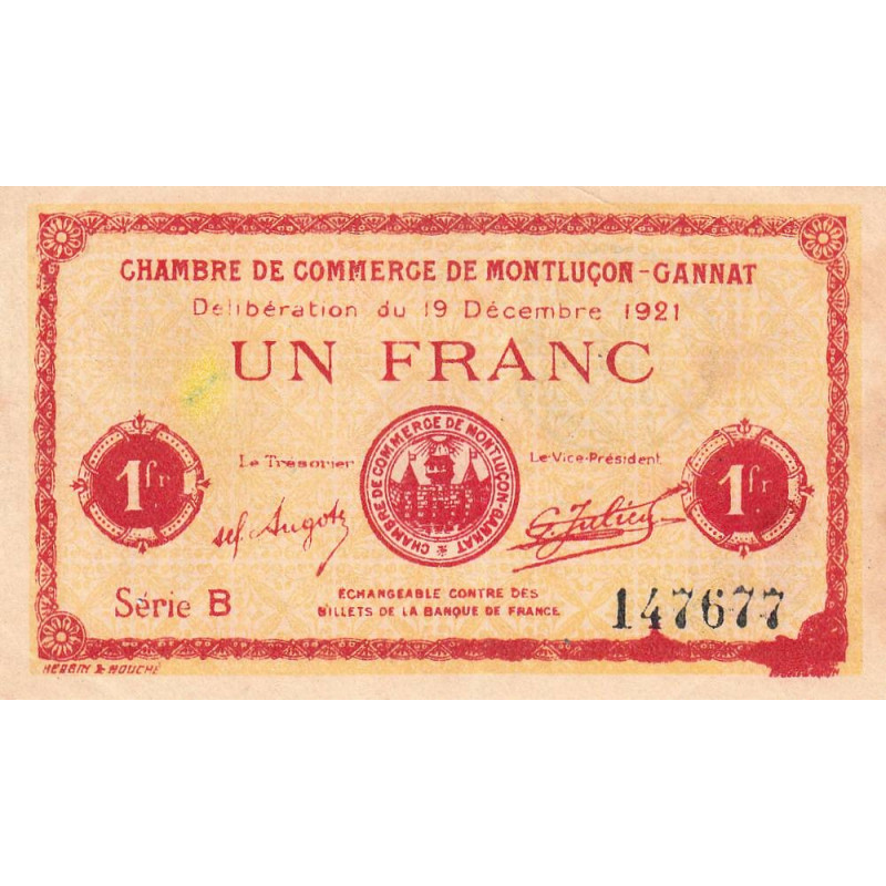 Montluçon-Gannat - Pirot 84-63 - 1 franc - Série B - 1921 - Etat : TTB+
