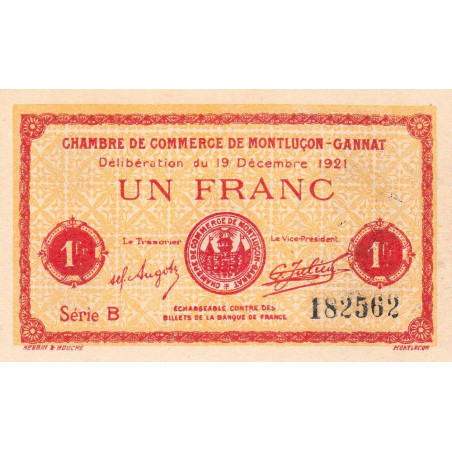 Montluçon-Gannat - Pirot 84-63 - 1 franc - Série B - 1921 - Etat : SUP+ à SPL