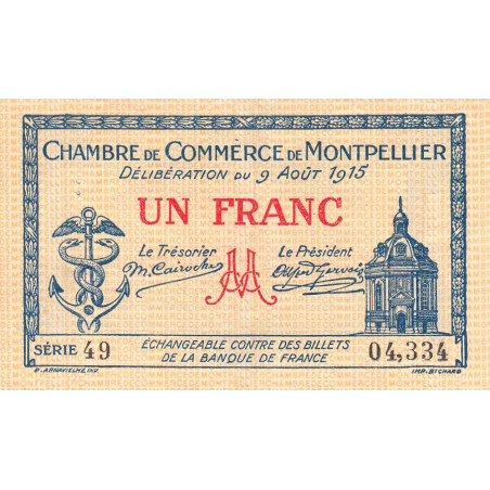 Montpellier - Pirot 85-10a - 1 franc - Série 49 - 09/08/1915 - Etat : TTB-