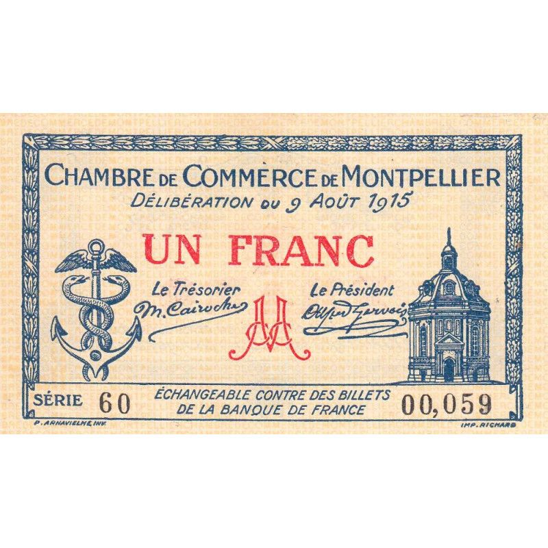 Montpellier - Pirot 85-10a - 1 franc - Série 60 - 09/08/1915 - Etat : SUP