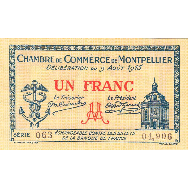 Montpellier - Pirot 85-10b - 1 franc - Série 063 - 09/08/1915 - Etat : NEUF