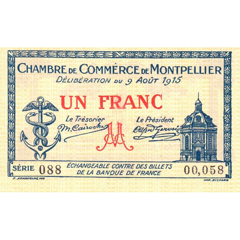 Montpellier - Pirot 85-10b - 1 franc - Série 088 - 09/08/1915 - Etat : SUP+