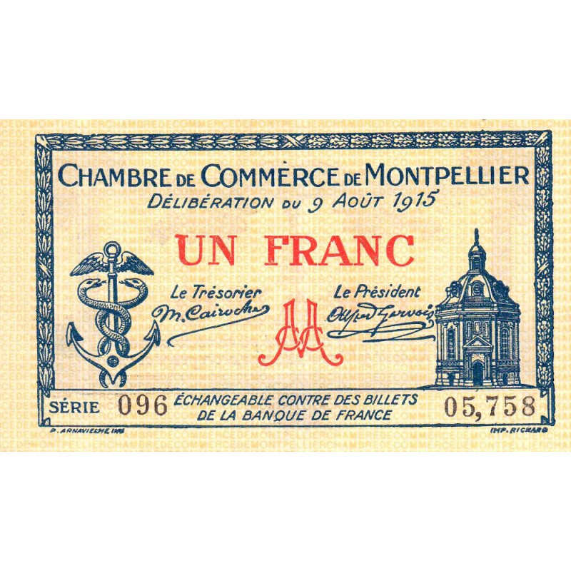 Montpellier - Pirot 85-10b - 1 franc - Série 096 - 09/08/1915 - Etat : TTB+