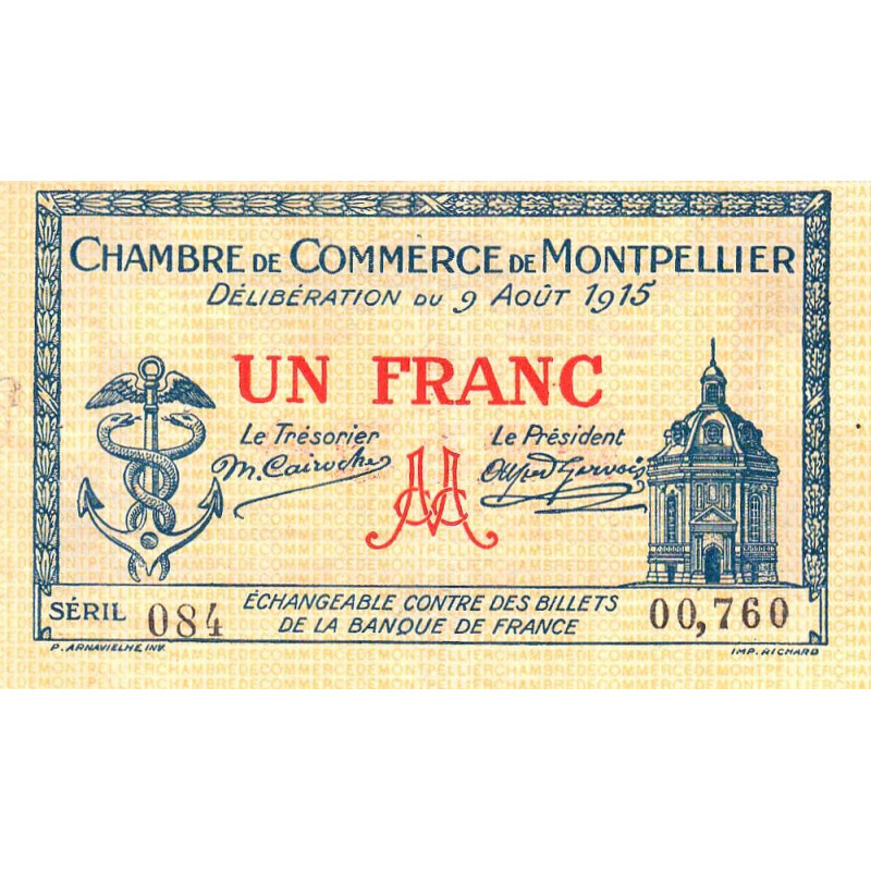 Montpellier - Pirot 85-10 variété 1 - 1 franc - Série 084 - 09/08/1915 - Etat : TTB