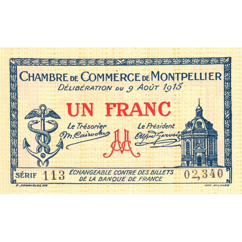 Montpellier - Pirot 85-10 variété 2 - 1 franc - Série 113 - 09/08/1915 - Etat : SPL