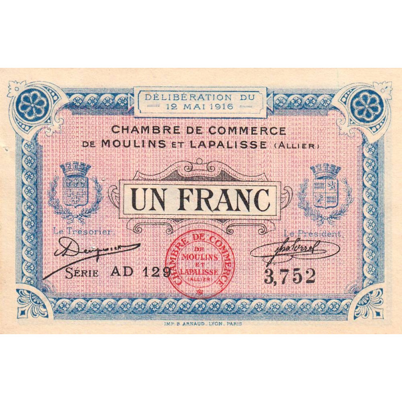Moulins et Lapalisse - Pirot 86-4b - 1 franc - Série AD 129 - 12/05/1916 - Etat : SUP