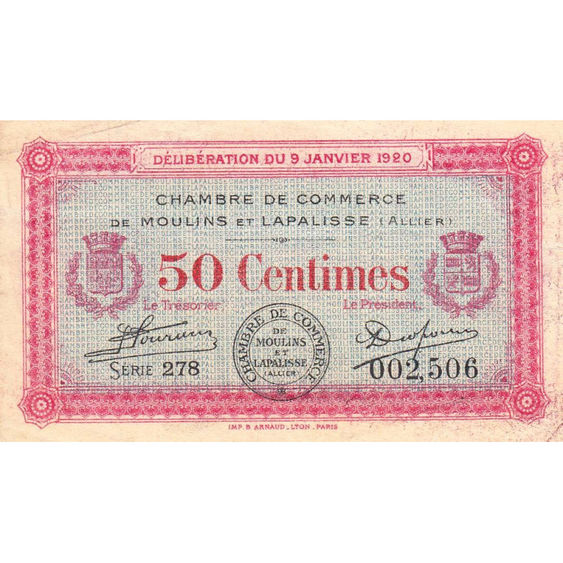Moulins et Lapalisse - Pirot 86-15 - 50 centimes - Série 278 - 09/01/1920 - Etat : TB