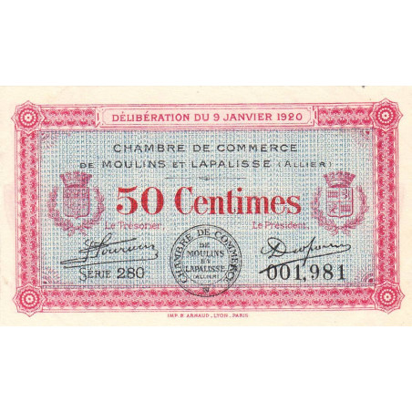 Moulins et Lapalisse - Pirot 86-15 - 50 centimes - Série 280 - 09/01/1920 - Etat : SUP