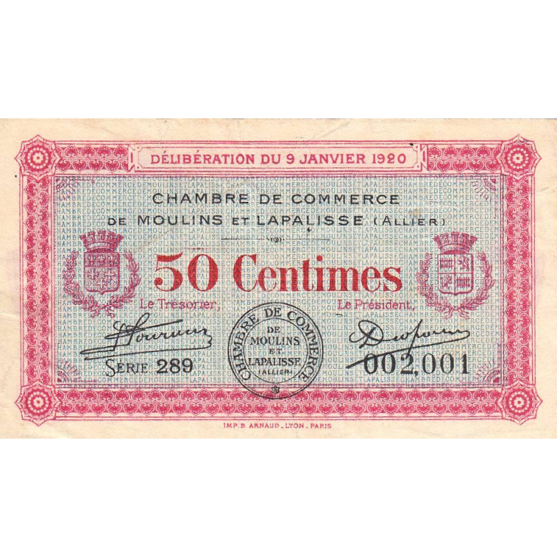Moulins et Lapalisse - Pirot 86-15 - 50 centimes - Série 289 - 09/01/1920 - Etat : TB