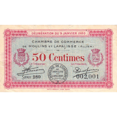 Moulins et Lapalisse - Pirot 86-15 - 50 centimes - Série 289 - 09/01/1920 - Etat : TB