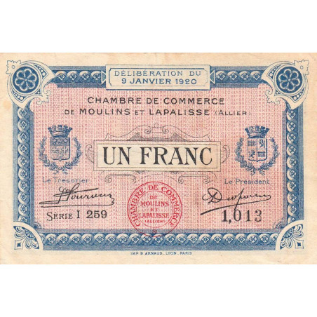 Moulins et Lapalisse - Pirot 86-17a - 1 franc - Série I 259 - 09/01/1920 - Etat : TB+