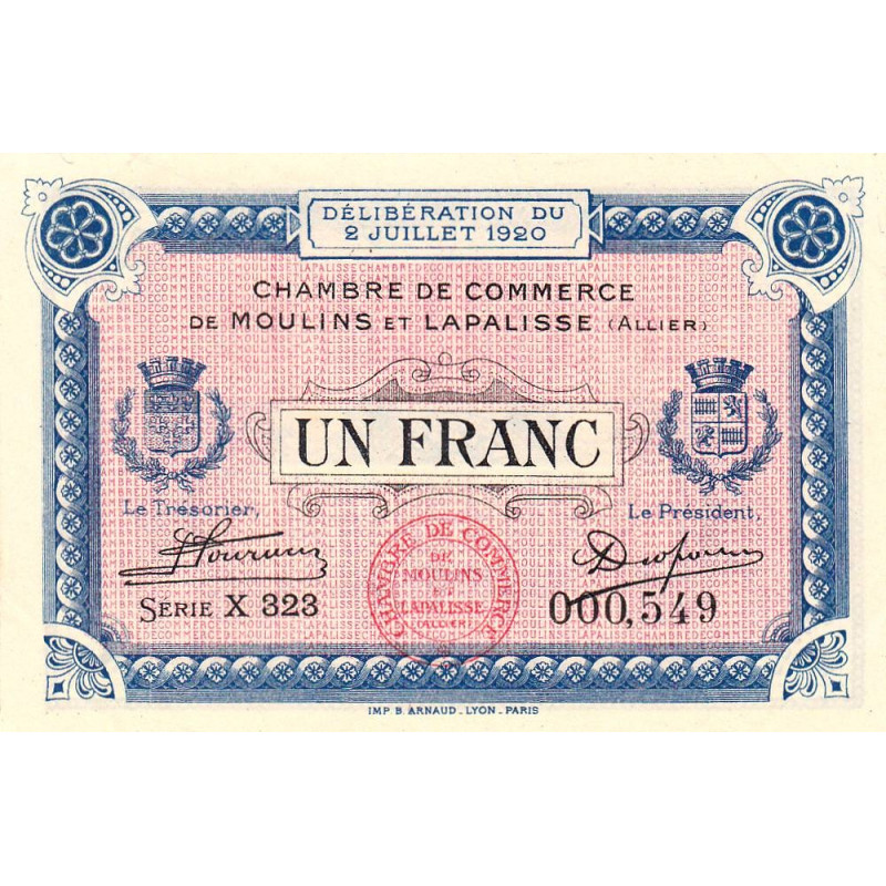 Moulins et Lapalisse - Pirot 86-20a - 1 franc - Série X 323 - 02/07/1920 - Etat : SUP+