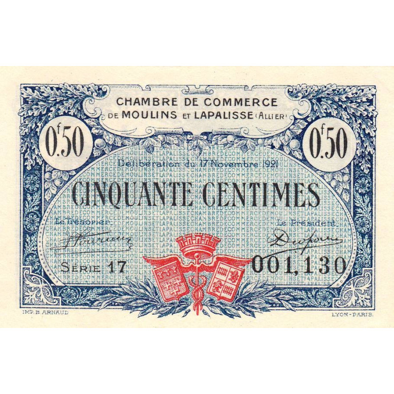 Moulins et Lapalisse - Pirot 86-22 - 50 centimes - Série 17 - 17/11/1921 - Etat : SPL