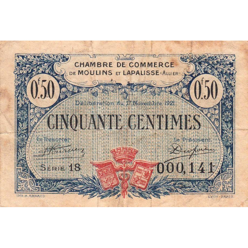 Moulins et Lapalisse - Pirot 86-22 - 50 centimes - Série 18 - 17/11/1921 - Etat : TB-