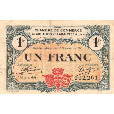 Moulins et Lapalisse - Pirot 86-24 - 1 franc - Série 44 - 17/11/1921 - Etat : TB