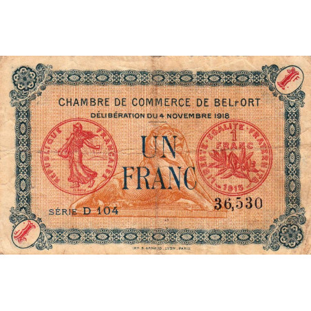 Belfort - Pirot 23-37 - 1 franc - Série D 104 - 04/11/1918 - Etat : TB-