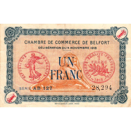 Belfort - Pirot 23-40 - 1 franc - Série AB 127 - 04/11/1918 - Etat : TTB