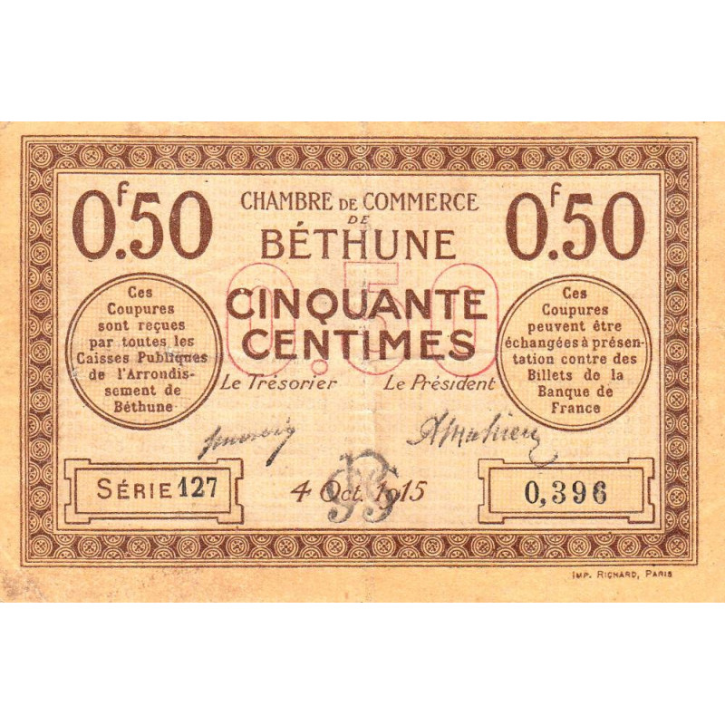 Béthune - Pirot 26-1 - 50 centimes - Série 127 - 04/10/1915 - Etat : TB+