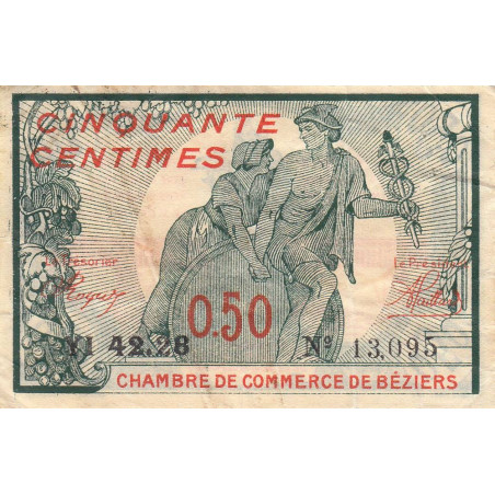 Béziers - Pirot 27-25 variété - 50 centimes - Série YI 42.28 - 18/10/1919 - Etat : TB